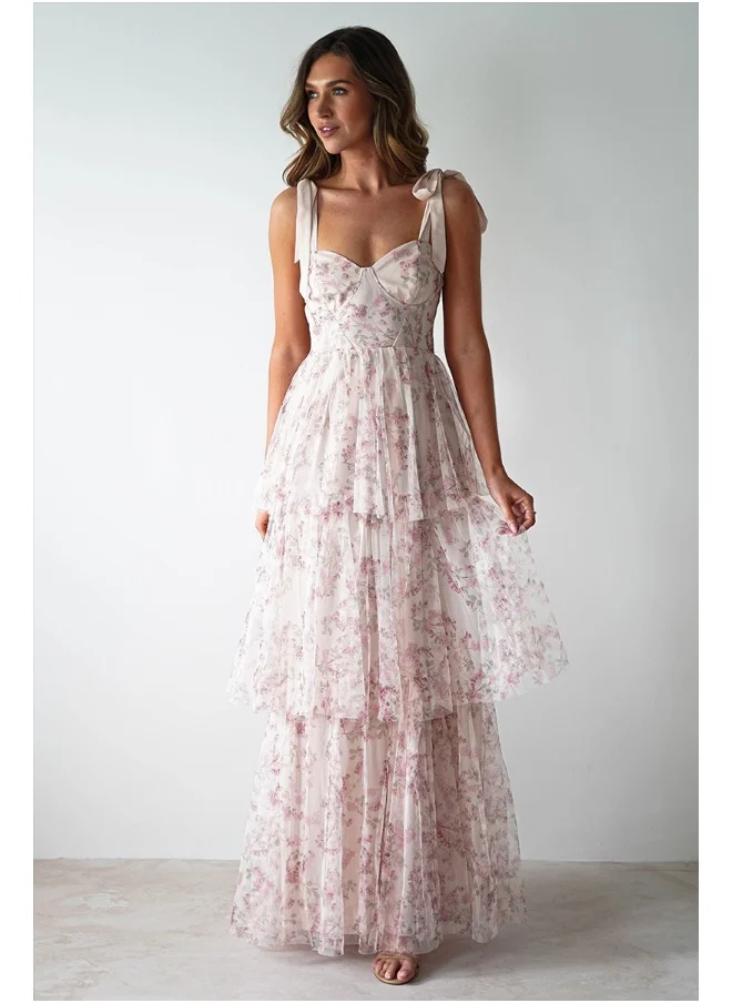 Madam Uniq Women's Fashion Floral Print Backless Tiered Dress in Cake Pink