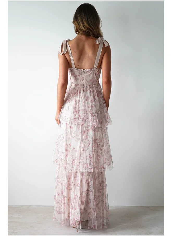 Madam Uniq Women's Fashion Floral Print Backless Tiered Dress in Cake Pink
