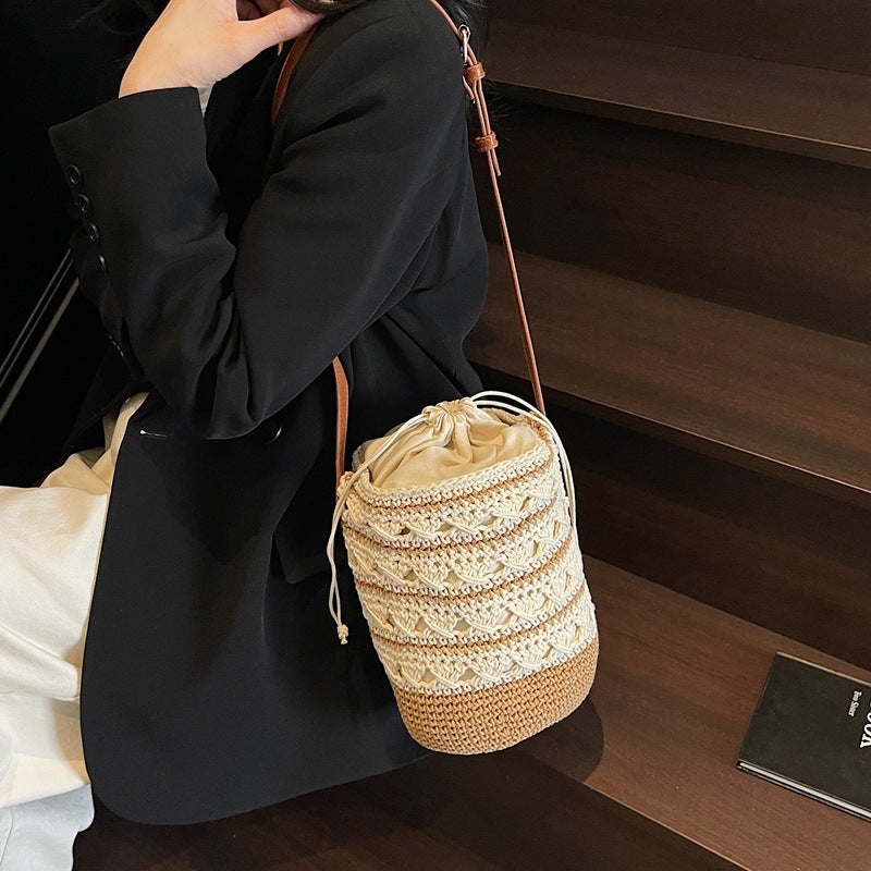 Woven Cotton Thread Bucket Bag, One-Shoulder Splicing Striped Bucket Bag, Versatile Vacation Beach Bag, Drawstring Crossbody Handbag - Image 1
