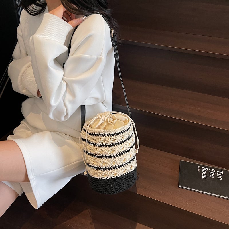 Woven Cotton Thread Bucket Bag, One-Shoulder Splicing Striped Bucket Bag, Versatile Vacation Beach Bag, Drawstring Crossbody Handbag - Image 3