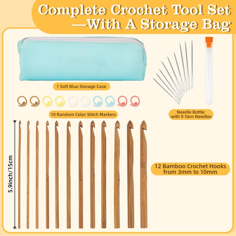 RAINFLOW 32 Pcs Bamboo Crochet Hooks Set - Crochet Hook Set Knitting Needles Kit,Including 12 Sizes 3mm-12mm Ergonomic Crocheting Hooks Knitting Accessories with Case for DIY Craft Beginners - Image 2