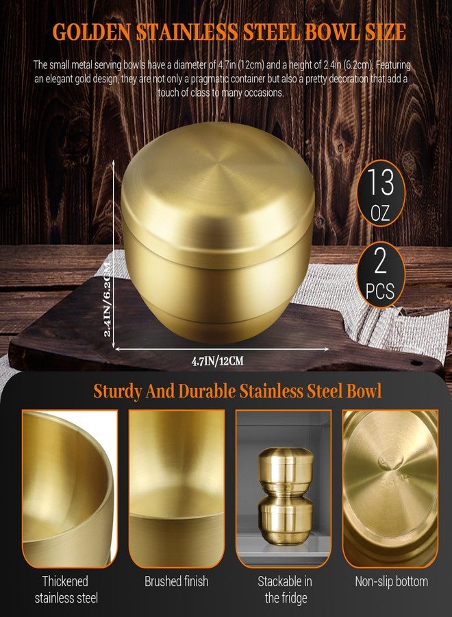 Roucerlin 4Pcs Stainless Steel Rice Bowl with Lid 4.7In, 13 oz Double-Walled Insulated Metal Snack Bowls, Small Metal Serving Bowls, Appetizer Bowls Gold for Sauces, Noodles, Ice Cream, Oat, Cereal (4) - Image 2