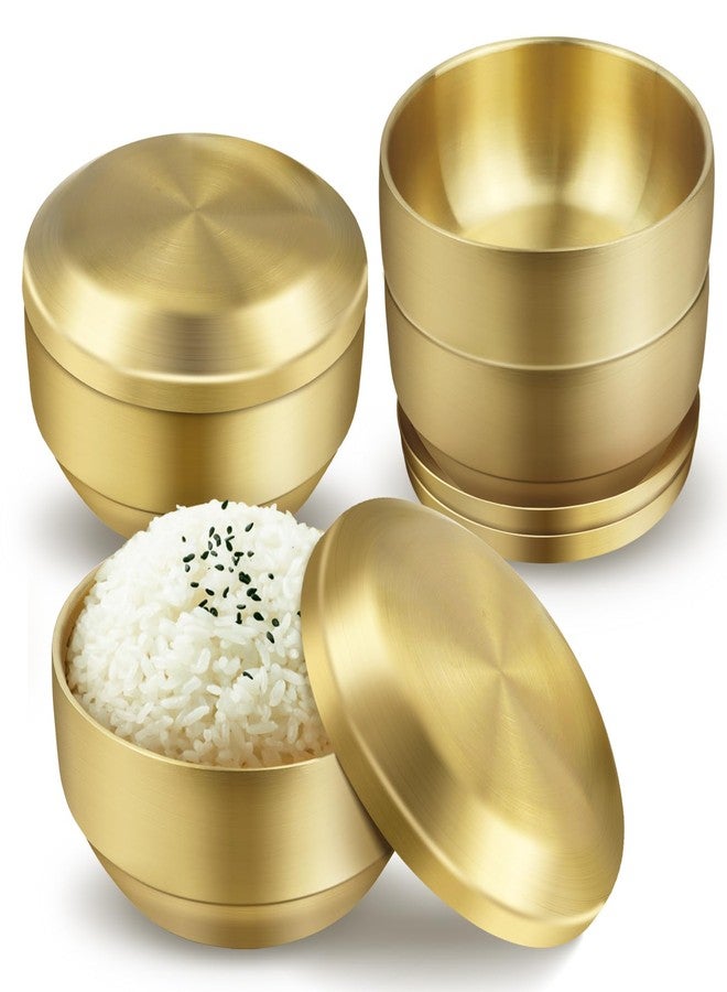 Roucerlin 4Pcs Stainless Steel Rice Bowl with Lid 4.7In, 13 oz Double-Walled Insulated Metal Snack Bowls, Small Metal Serving Bowls, Appetizer Bowls Gold for Sauces, Noodles, Ice Cream, Oat, Cereal (4) - Image 1