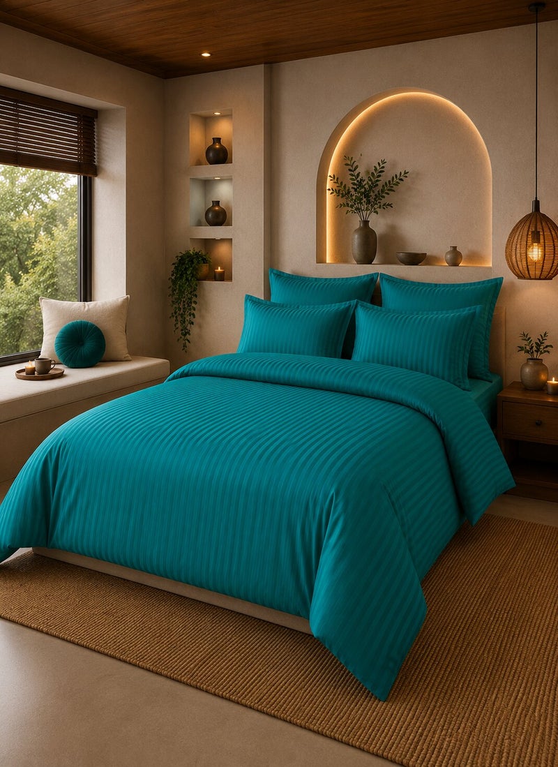 Aristocrat 6-Piece Stripe Microfiber Duvet Cover Set | Single | Includes 1 Duvet Cover (160x220cm), 1 Deep Pocket Fitted Sheet (120x200+30cm) & 4 Pillowcases (53x75+15cm) | Ultra Soft, Breathable & Wrinkle Resistant-teal - Image 1