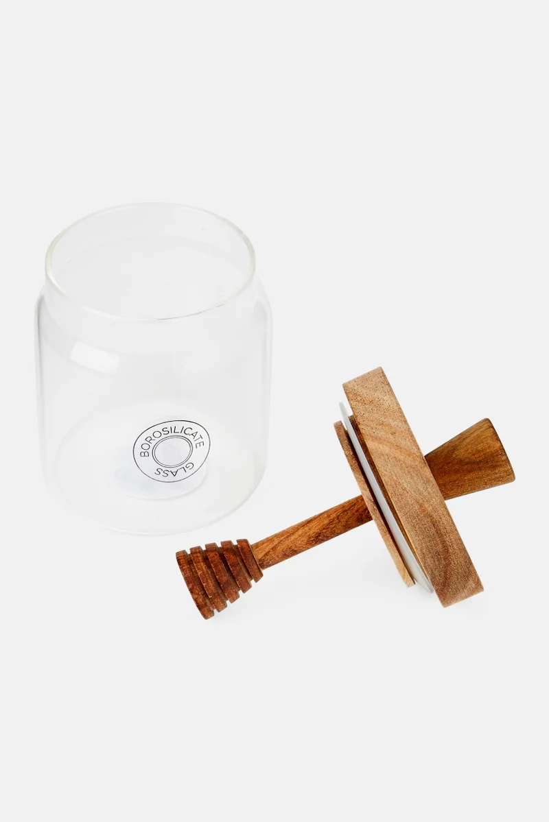 موي موتشو Glass Honey Jar With Bamboo Lid 450 ml, Transparent/Brown