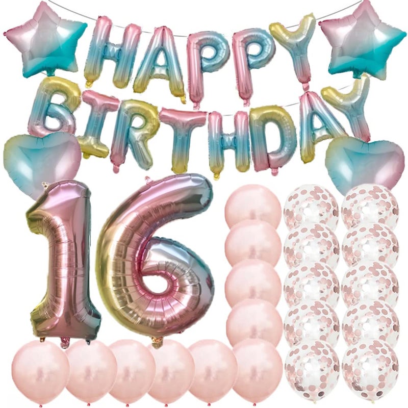 ZSNWGZ Sweet 16th Birthday Decorations Party SuppliesRainbow Number 16 Balloons16th Foil Mylar Balloons Rose Gold Latex Balloon DecorationGreat 16th Birthday for WomenMen