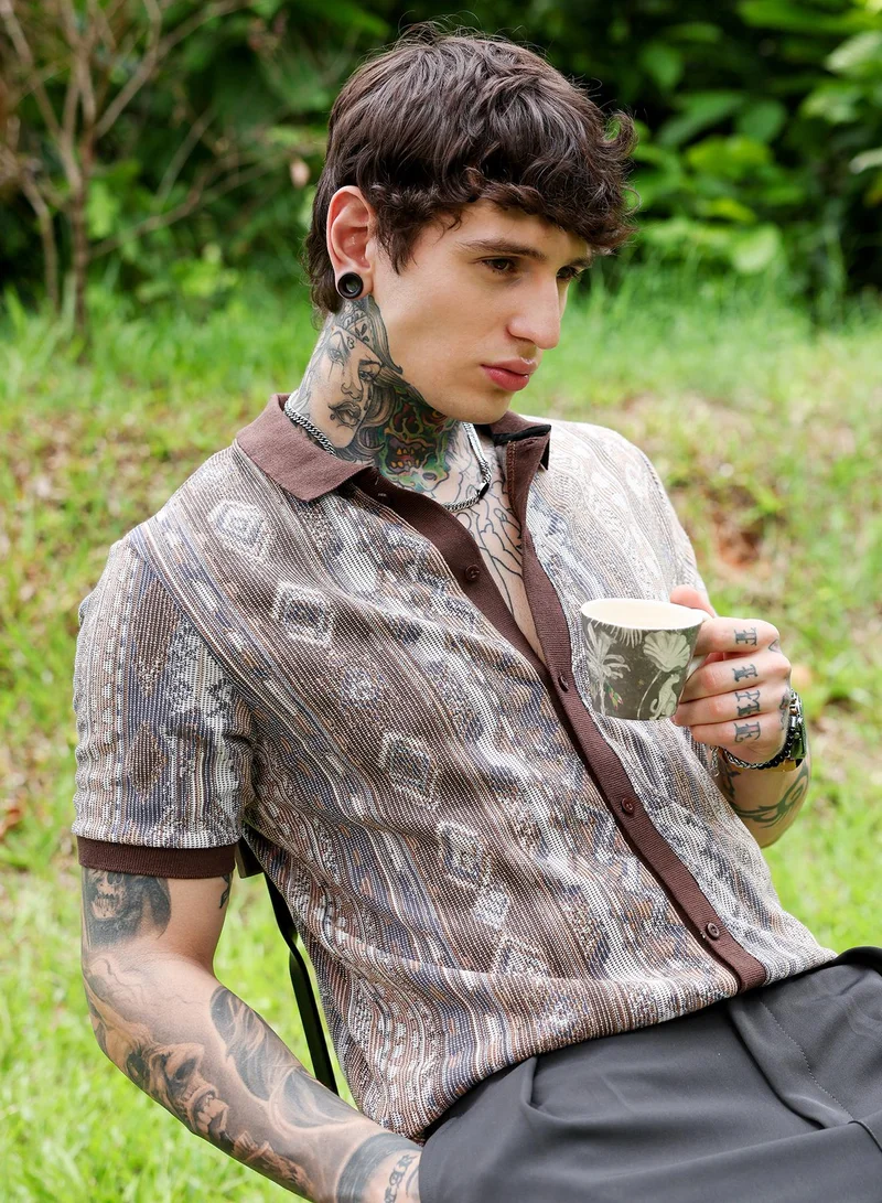 كامبوس سوترا Campus Sutra Men's Chocolate Brown Folk Jacquard-Knit Polo Shirt | Regular Fit Polo Collar Geometric Pattern | Cotton Blend & Breathable Fabric For Streetwear & Casual Outings
