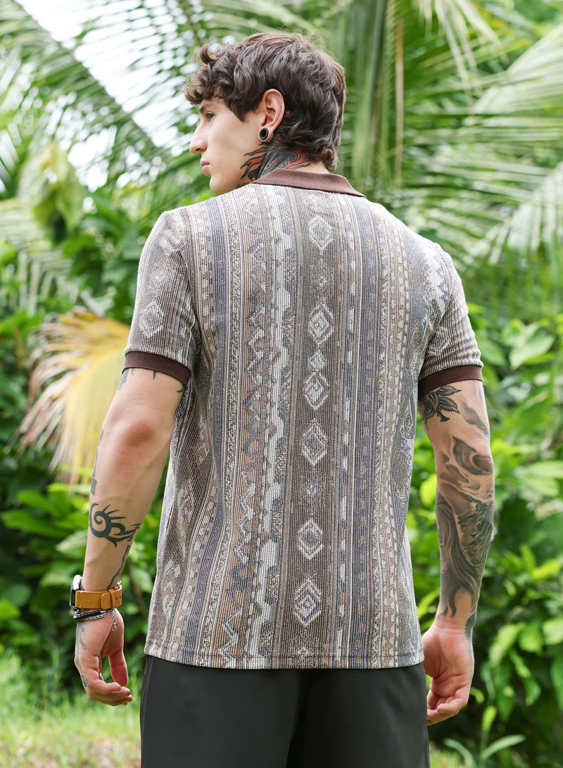 Campus Sutra Campus Sutra Men's Chocolate Brown Folk Jacquard-Knit Polo Shirt | Regular Fit Polo Collar Geometric Pattern | Cotton Blend & Breathable Fabric For Streetwear & Casual Outings