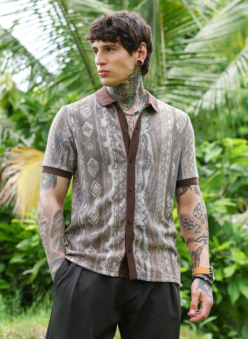 كامبوس سوترا Campus Sutra Men's Chocolate Brown Folk Jacquard-Knit Polo Shirt | Regular Fit Polo Collar Geometric Pattern | Cotton Blend & Breathable Fabric For Streetwear & Casual Outings