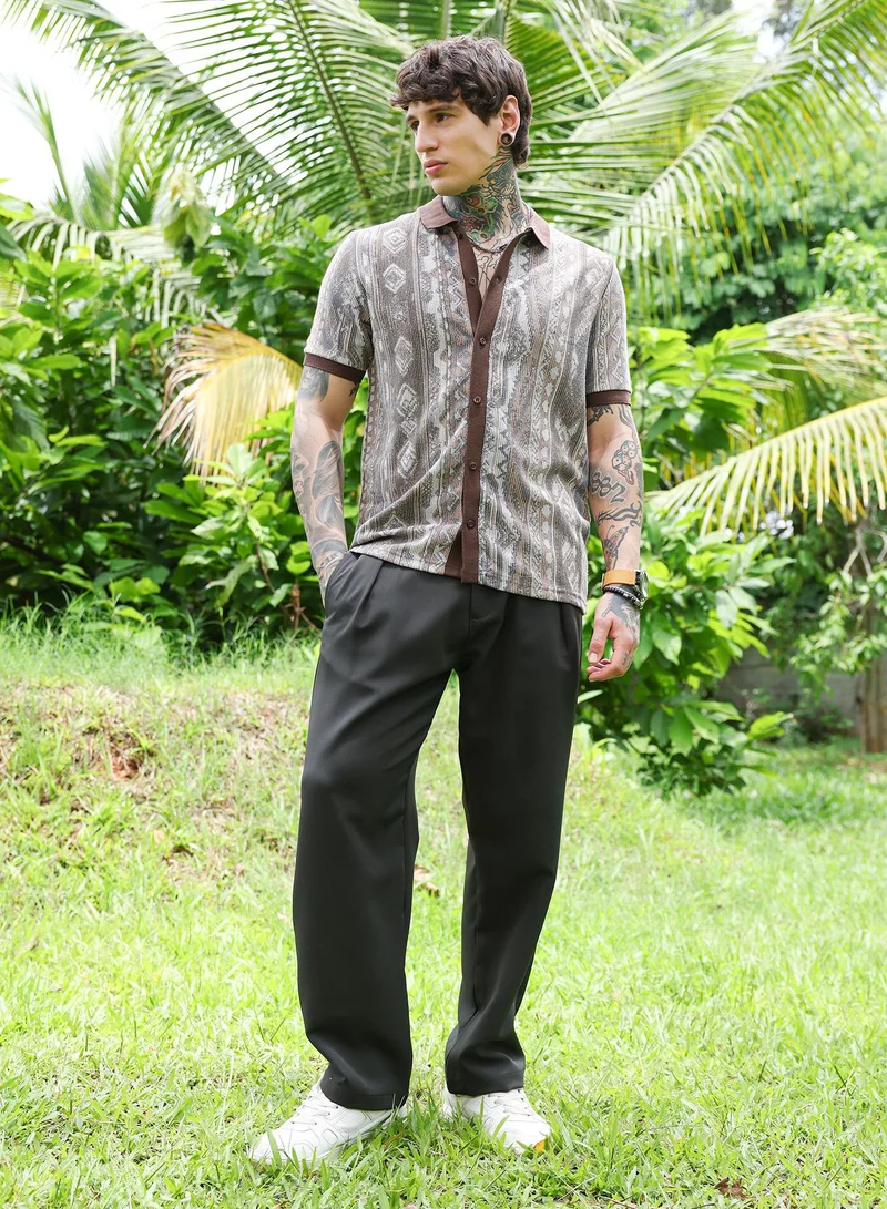 Campus Sutra Campus Sutra Men's Chocolate Brown Folk Jacquard-Knit Polo Shirt | Regular Fit Polo Collar Geometric Pattern | Cotton Blend & Breathable Fabric For Streetwear & Casual Outings