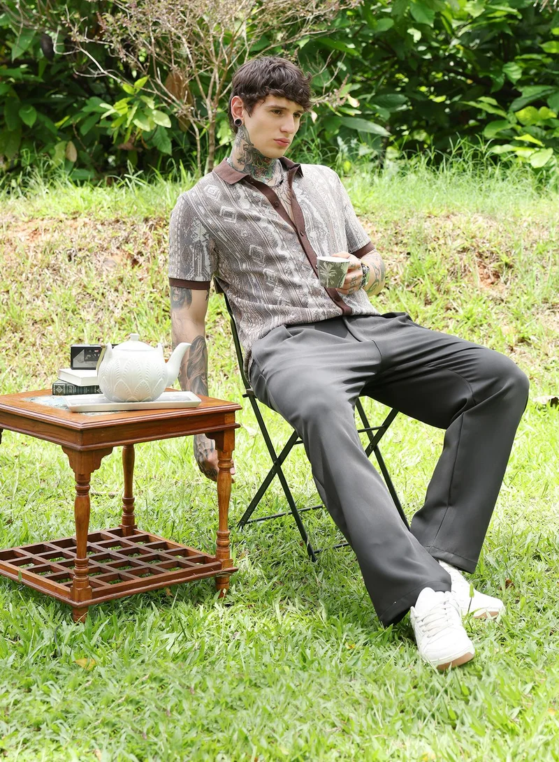 Campus Sutra Campus Sutra Men's Chocolate Brown Folk Jacquard-Knit Polo Shirt | Regular Fit Polo Collar Geometric Pattern | Cotton Blend & Breathable Fabric For Streetwear & Casual Outings