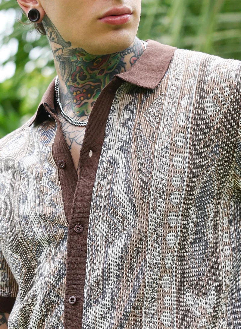 Campus Sutra Campus Sutra Men's Chocolate Brown Folk Jacquard-Knit Polo Shirt | Regular Fit Polo Collar Geometric Pattern | Cotton Blend & Breathable Fabric For Streetwear & Casual Outings
