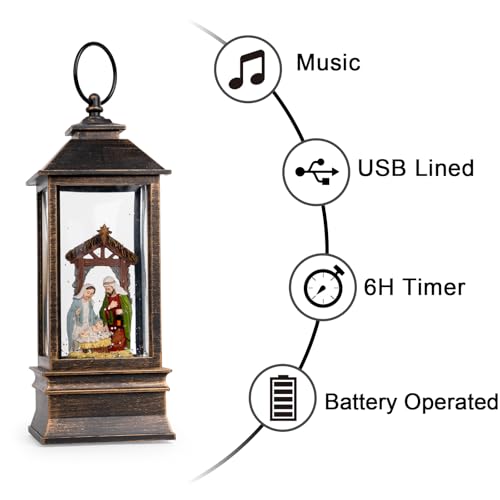 VISFLAIR 10 Musical Snow Globe Lantern Lighted Nativity Manger Scene Water Lantern Swirling Glittering Home Decoration and Gift Battery Operated or USB Powered - Image 3