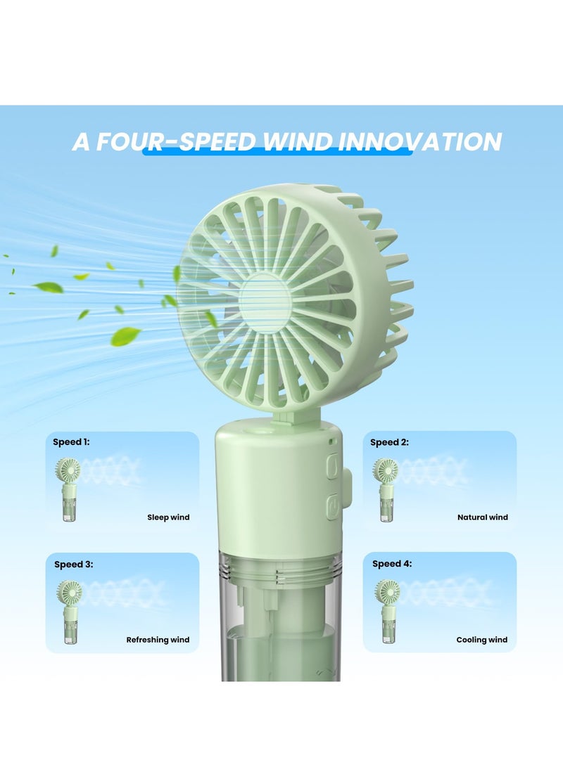 سيوسي مروحة محمولة مع رذاذ رذاذ الماء، مروحة صغيرة محمولة، مروحة رقبة ومكتب بـ 4 سرعات، 1500 مللي أمبير، زجاجة مياه 55 مل، مثالية للمنزل والمكتب والسفر والنساء باللون الأخضر - Image 2