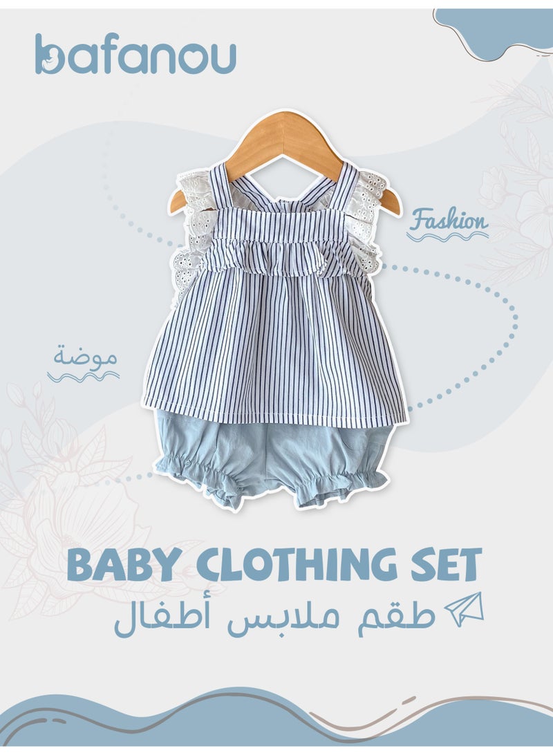 Bafanou Bafanou Summer Baby Girls Sleeveless Striped Top Solid Color Shorts 2 Pcs Set Toddler Girls Clothing Suit  - Image 1