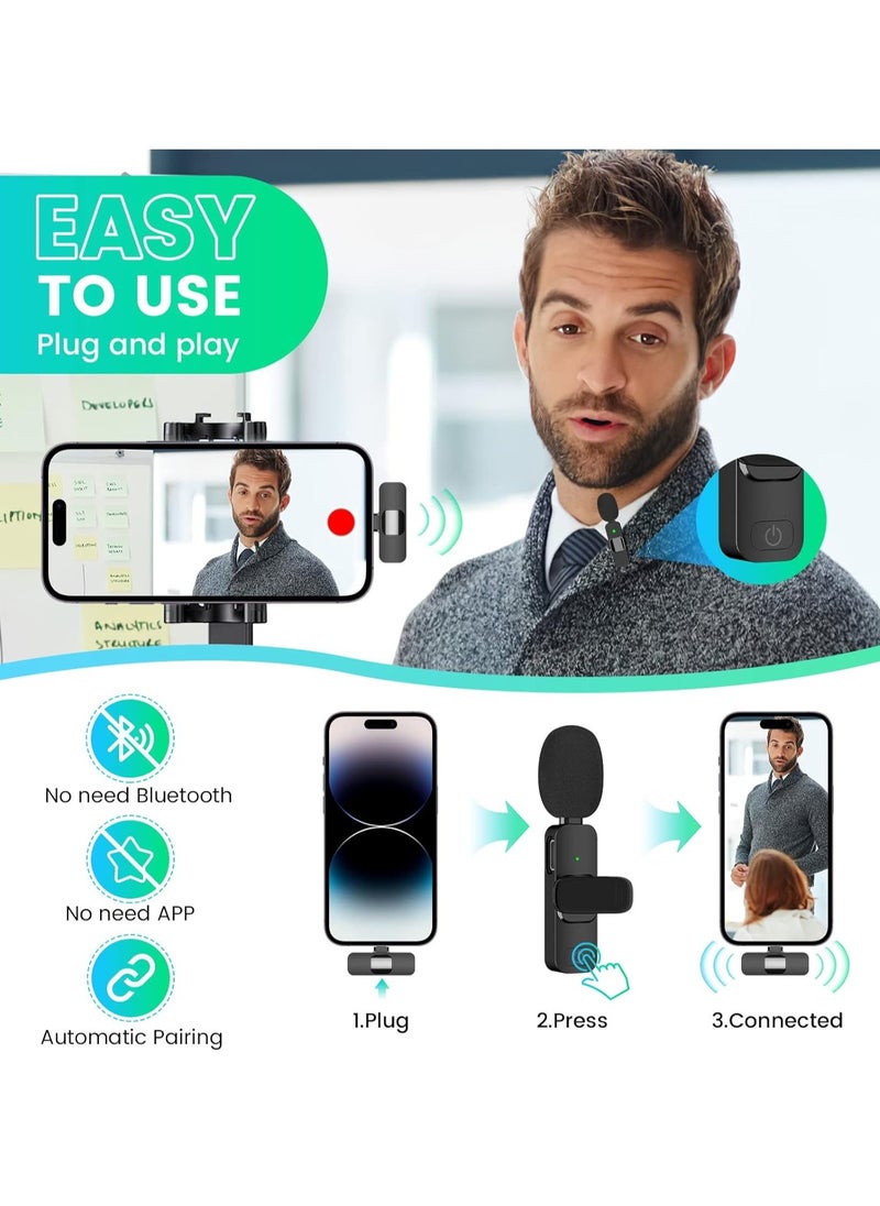 EJCC 2 Pack Wireless Microphone for iPhone & iPad, Mini Wireless Clip-on Microphones for iPhone Video Recording, YouTube, TikTok, Vlog, Interviews – Deep Black