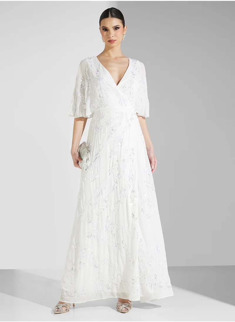 Maya Embellished Wrap Cape Sleeve Bridal Maxi