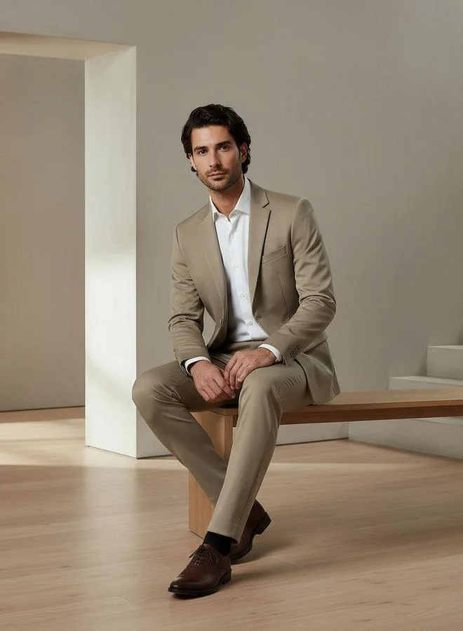 Splash FAV BEIGE Men Slim Fit Notched Lapel Blazer for Men | Best Price UAE
