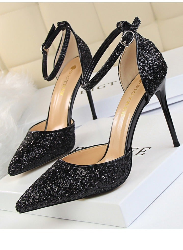 BIGTREE Women's Sequin Closed Pointed Toe 9.5 CM High Heels Ankle Strap Stiletto Pumps Black - Image 1
