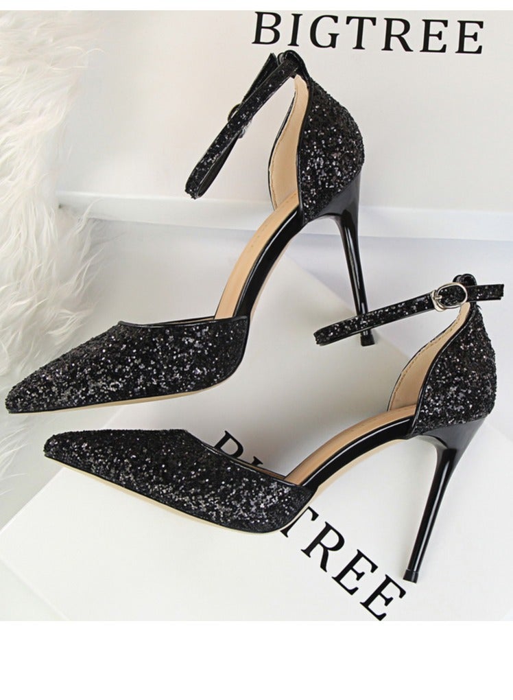 BIGTREE Women's Sequin Closed Pointed Toe 9.5 CM High Heels Ankle Strap Stiletto Pumps Black - Image 3