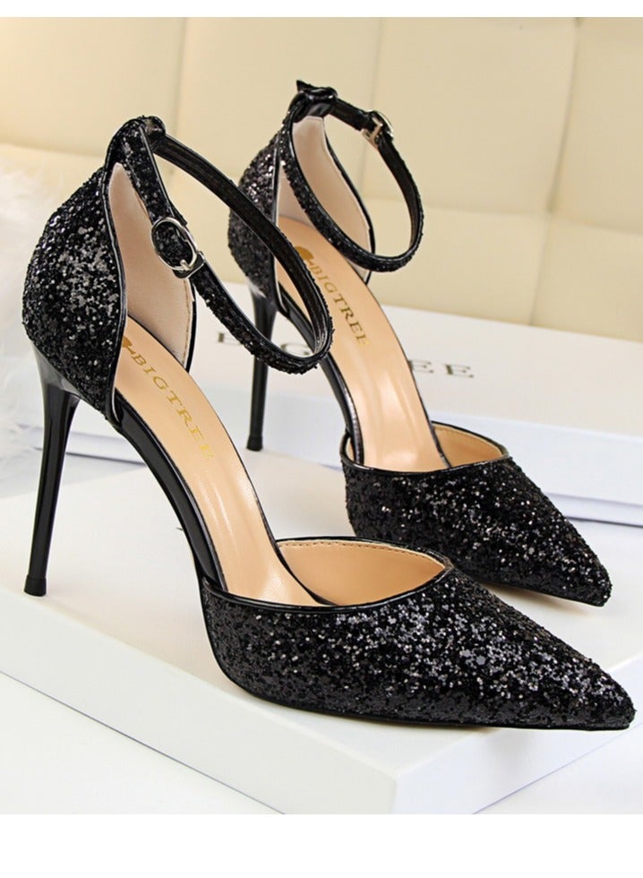 BIGTREE Women's Sequin Closed Pointed Toe 9.5 CM High Heels Ankle Strap Stiletto Pumps Black - Image 2