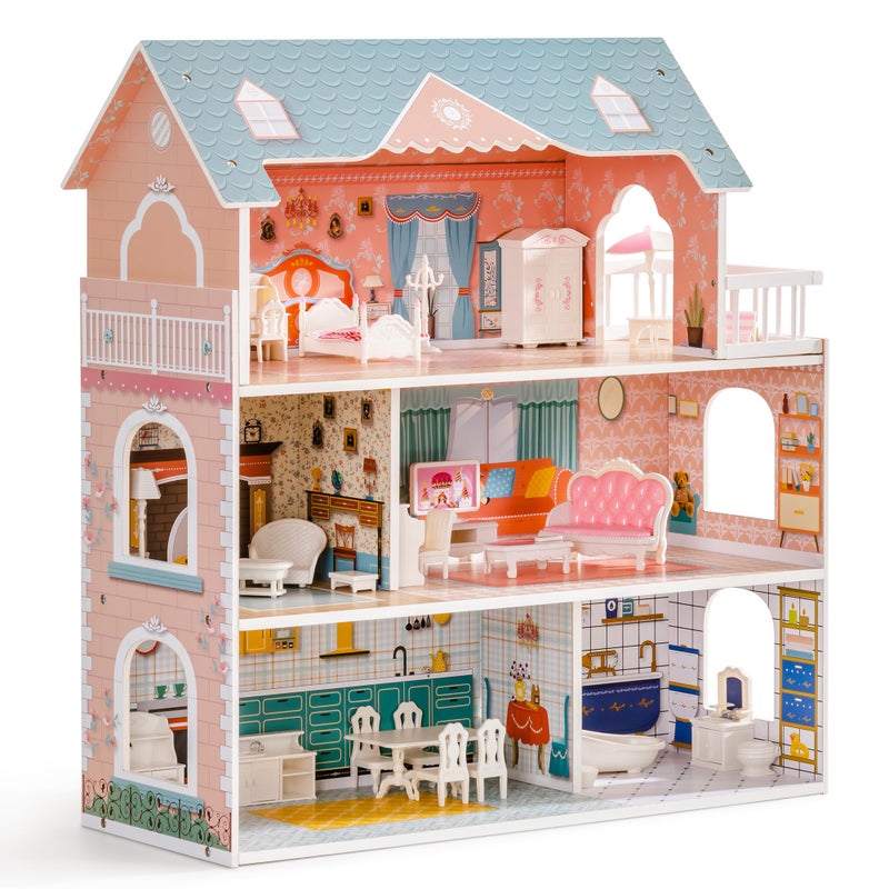 ROBUD Wooden Dollhouse for Kids Girls, Toy Gift for 3 4 5 6 Years Old, with Furniture - Image 1