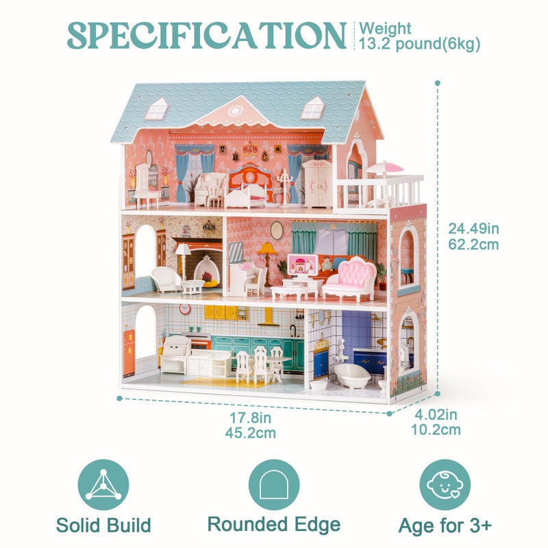 ROBUD Wooden Dollhouse for Kids Girls, Toy Gift for 3 4 5 6 Years Old, with Furniture - Image 5
