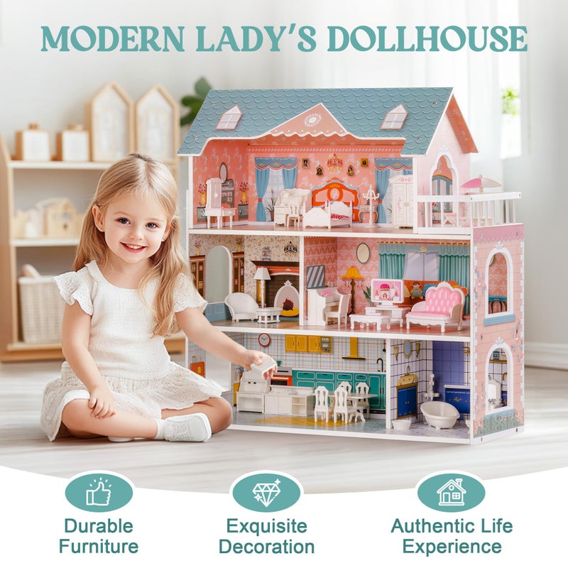 ROBUD Wooden Dollhouse for Kids Girls, Toy Gift for 3 4 5 6 Years Old, with Furniture - Image 2