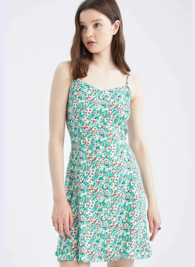 DeFacto Patterned Adjustable Spaghetti Strap V Neck Fit And Flare Dress