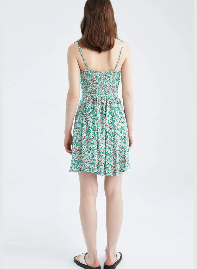 DeFacto Patterned Adjustable Spaghetti Strap V Neck Fit And Flare Dress
