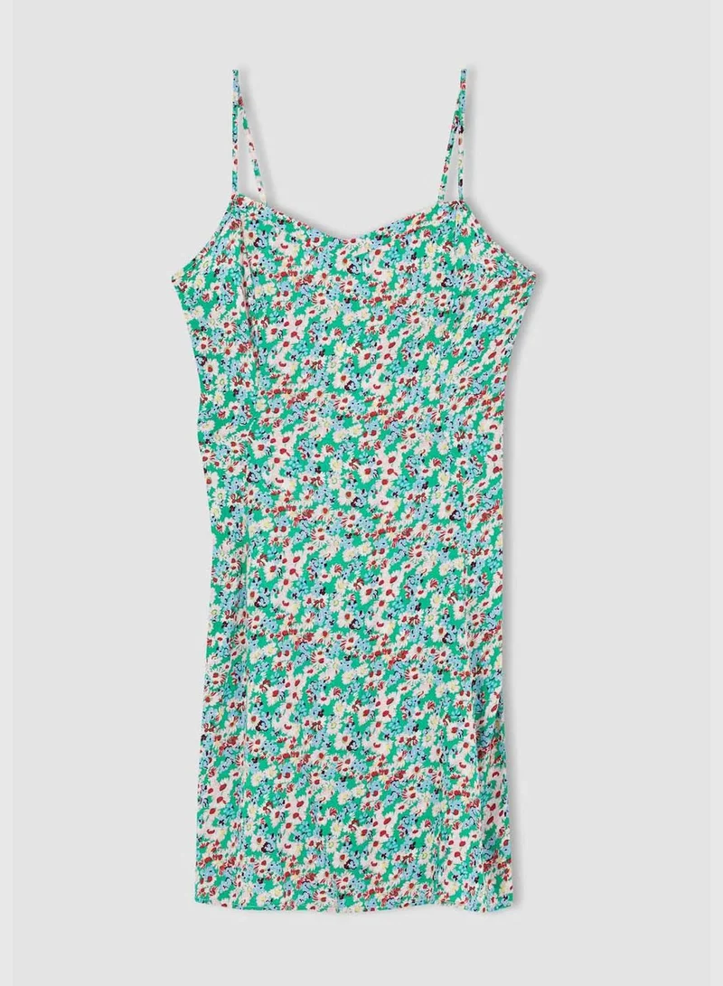 DeFacto Patterned Adjustable Spaghetti Strap V Neck Fit And Flare Dress