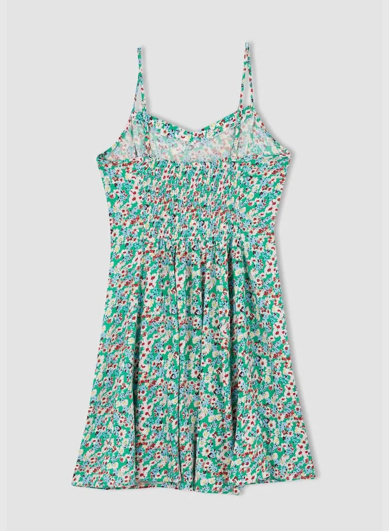 DeFacto Patterned Adjustable Spaghetti Strap V Neck Fit And Flare Dress