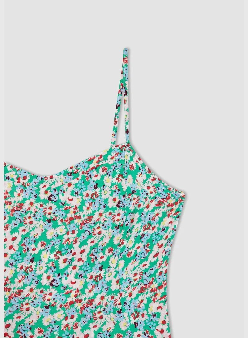 DeFacto Patterned Adjustable Spaghetti Strap V Neck Fit And Flare Dress