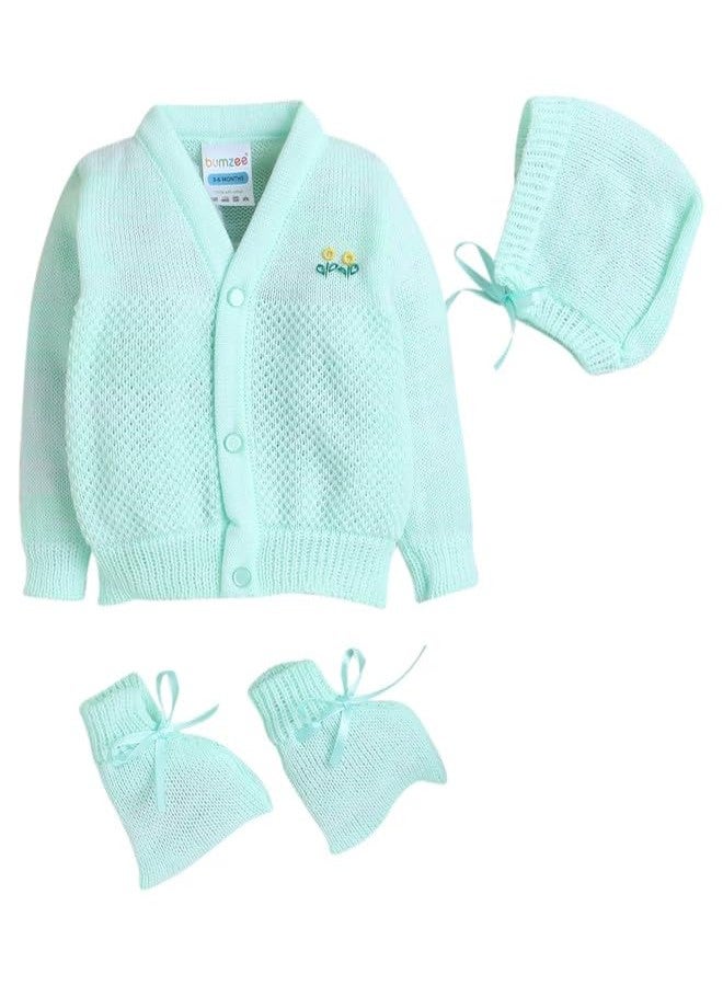 BUMZEE كنزة صوفية خضراء بأكمام طويلة للبنات الصغيرات من BUMZEE مع قبعة وجوارب، مناسبة لعمر 0-3 أشهر (Peb10057B-grn) - Image 1