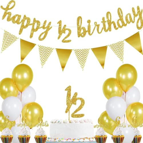 Festiko® Set of 34 Pcs Happy 1/2 Birthday Combo Gold Glitter (Banner, Cake & Cupcake Toppers, Balloons), Half Way To One, Half Birthday Decorations, Half Birthday Decoration For Baby Boys And Girls - Image 1