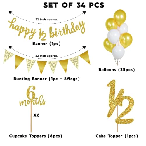 Festiko® Set of 34 Pcs Happy 1/2 Birthday Combo Gold Glitter (Banner, Cake & Cupcake Toppers, Balloons), Half Way To One, Half Birthday Decorations, Half Birthday Decoration For Baby Boys And Girls - Image 2