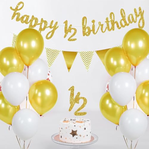 Festiko® Set of 34 Pcs Happy 1/2 Birthday Combo Gold Glitter (Banner, Cake & Cupcake Toppers, Balloons), Half Way To One, Half Birthday Decorations, Half Birthday Decoration For Baby Boys And Girls - Image 3