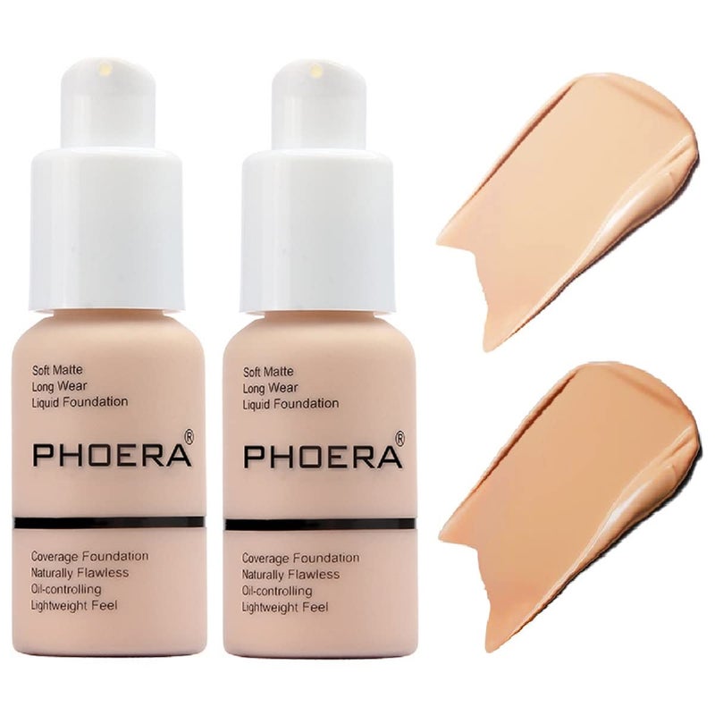 nvyue 2 Pack PHOERA Foundation,Concealer Foundation Full Coverage,Flawless 24HR Matte Oil Control Concealer (102 Nude+104 Buff Beige) - Image 1