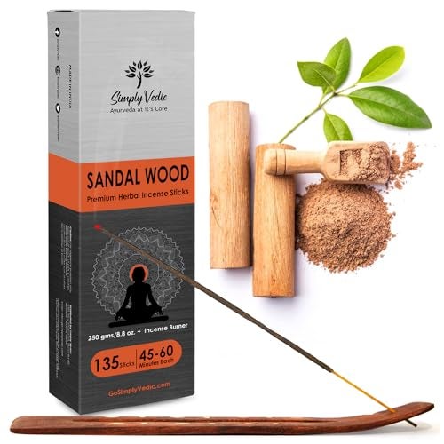 Simply Vedic Sandalwood Incense Sticks 250g Approx 135 Handmade Sticks with Free Holder 45 Min Burn Natural CharcoalFree Agarbatti for Meditation Yoga Aromatherapy Relaxation