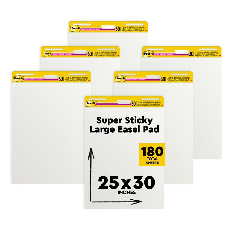 Post-it لوحة إيزيل لاصقة فائق، 25 × 30 بوصة، 30 ورقة/لوحة، 6 لوحات، ورق فليب شارت أبيض كبير عالي الجودة، قوة لاصقة فائقة (559VAD6PK) - Image 1
