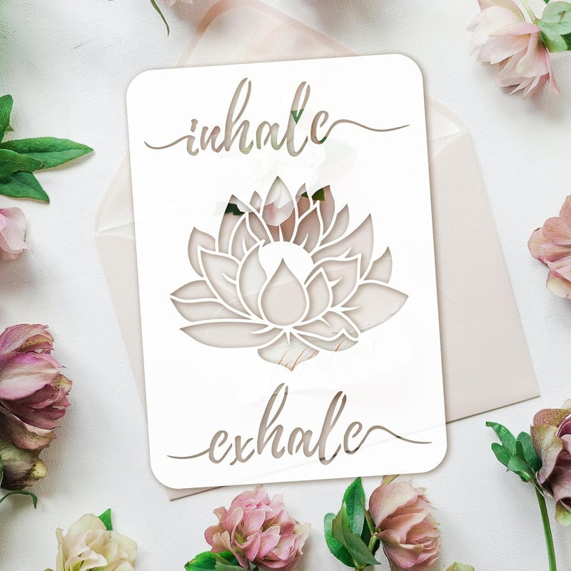 FINGERINSPIRE FINGERINSPIRE Lotus Stencil Template 8.3x11.7inch Yoga Theme Painting Stencil Plastic Lotus Flower Pattern & Inhale Exhale Text Stencil Reusable DIY Art and Craft Stencil for Wall Furniture Decor  - Image 3