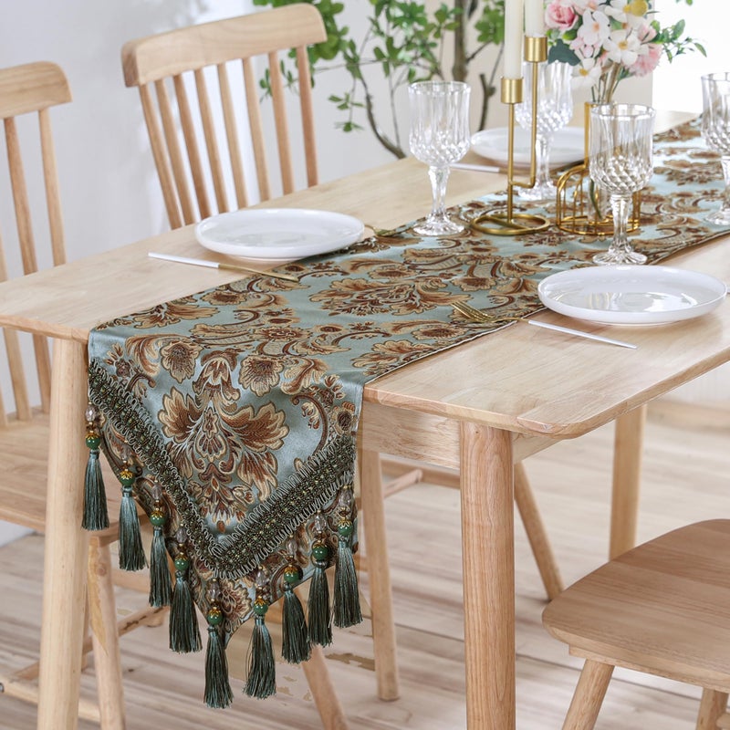 Fhberni Luxury Vintage Table Runner Embroidery Jacquard Fabric with Multi-Tassels Table Runners for Dining Room Dresser Wedding Holiday Party Fireplace Decorations-Blue, 13x90 inch - Image 4