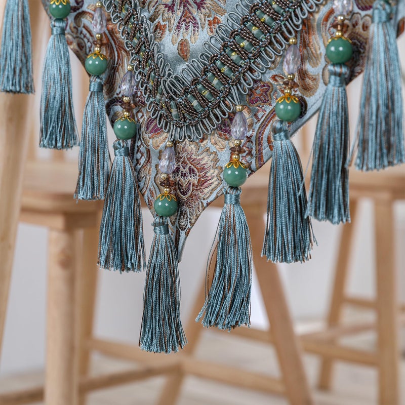 Fhberni Luxury Vintage Table Runner Embroidery Jacquard Fabric with Multi-Tassels Table Runners for Dining Room Dresser Wedding Holiday Party Fireplace Decorations-Blue, 13x90 inch - Image 5