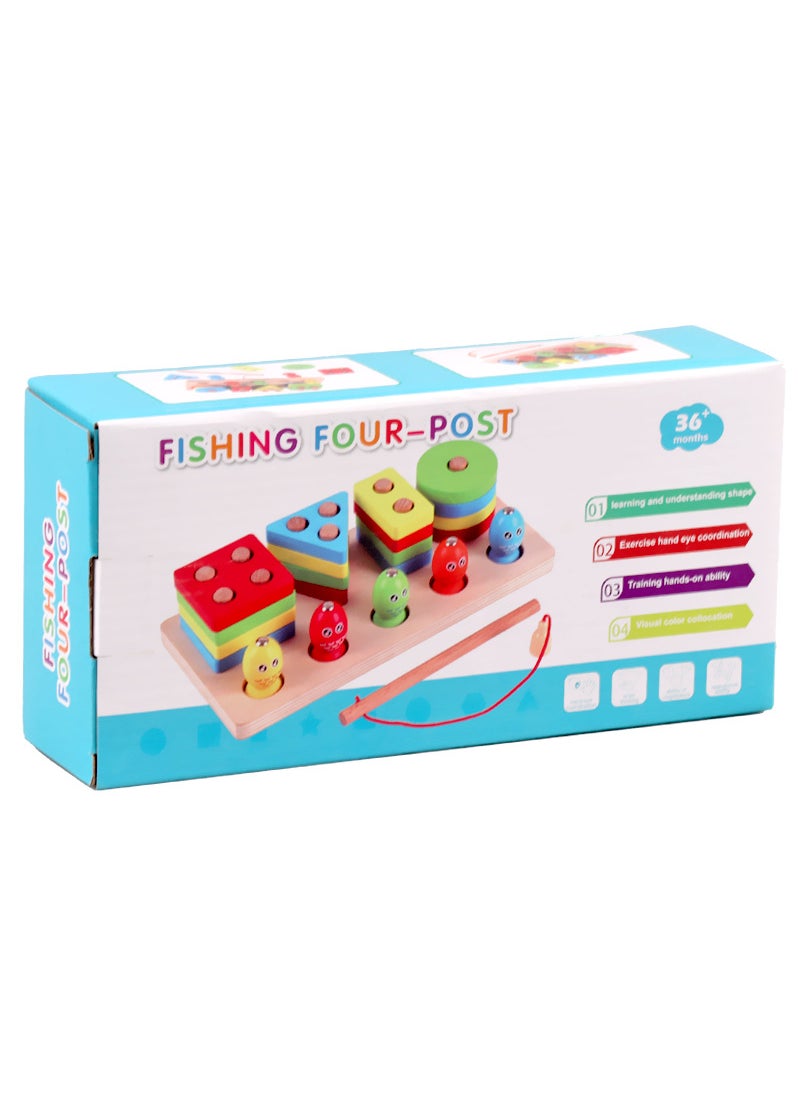 null - Wooden Montessori Kids Column Set Shape Matching Educational Toys WD-Stereo Fishing Four Sets of Columns - Image 1