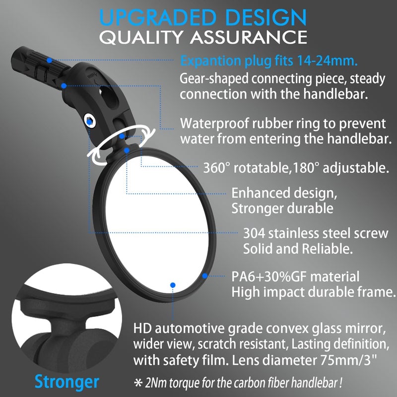 BriskMore Bike Mirrors,Bike Bar End Mirror, HD Glass Convex Lens Bicycle Rearview Mirror, Safe Cycling Rearview Mirror, Easy to Install - Image 3