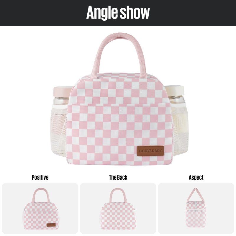 douyadady Lunch Bag Women/Men Lunch Box Women/Men (Pink+White Checkerboard) - Image 5