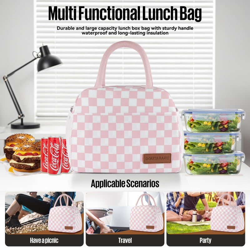 douyadady Lunch Bag Women/Men Lunch Box Women/Men (Pink+White Checkerboard) - Image 3