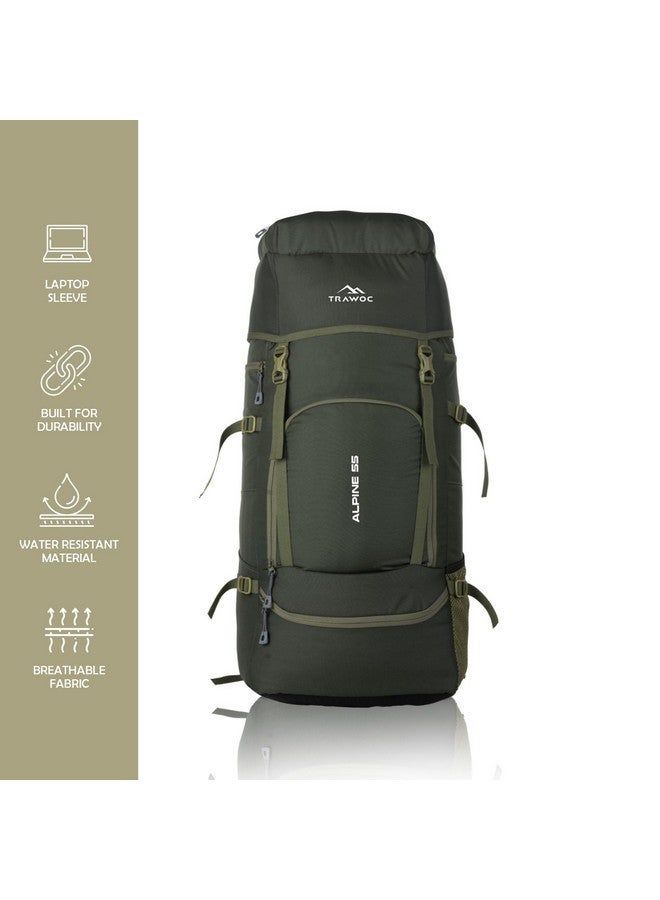 TRAWOC ALPINE 55 Liter Travel Backpack Front & Top Loading Camping Rucksack Hiking Trekking Bag for Men & Women, SHK007 Olive Green, 3 Year Warranty - Image 5
