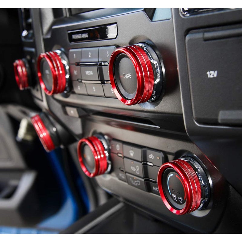 Keptrim for F150 Air Conditioner Switch & Trailer & 4WD & VOL Knob Button Trim for Ford F150 XLT 2016 2017 2018 2019, Red Aluminum, 6pcs - Image 2