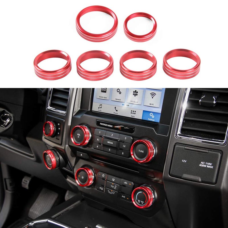 Keptrim for F150 Air Conditioner Switch & Trailer & 4WD & VOL Knob Button Trim for Ford F150 XLT 2016 2017 2018 2019, Red Aluminum, 6pcs - Image 1